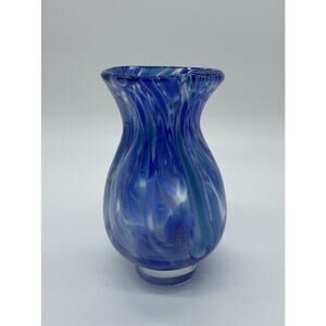 Hand Blown Art Glass Blue Swirl Clear Footed Vase 5.5” Tall